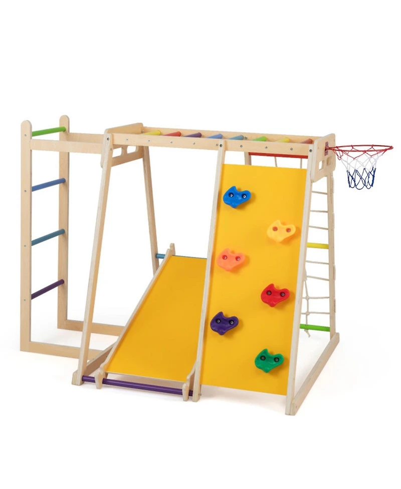Hongge 6-in-1 Kids Indoor Jungle Gym with Slide and Climbing Wall Ages 3-14