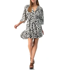 Ivonne Women's Swirl Botanical Print 3/4 Sleeve Fit-and-Flare Mini Dress