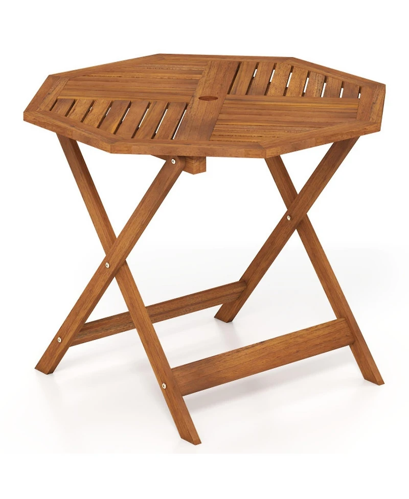 Gouun 35.5 in Solid Wood Octagon Patio Dining Table with 1.97 in Umbrella Hole, Slatted Top