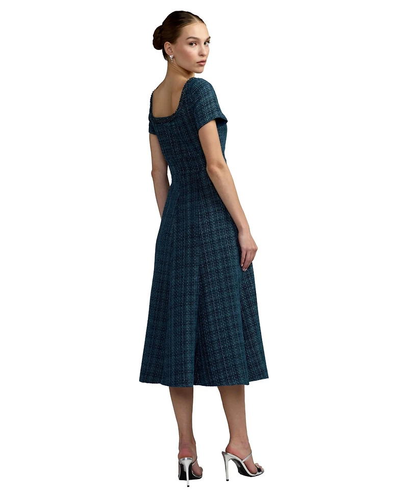Mac Duggal Petite Embellished Boucle Short Sleeve Midi Dress