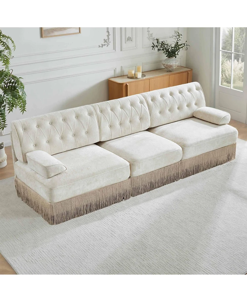 Maison Boucle 3-Seater Modular Sectional Sofa for Living Room, Velvet Fabric, Button Tufted Back, Tassel Fringe Skirt, Free Combination
