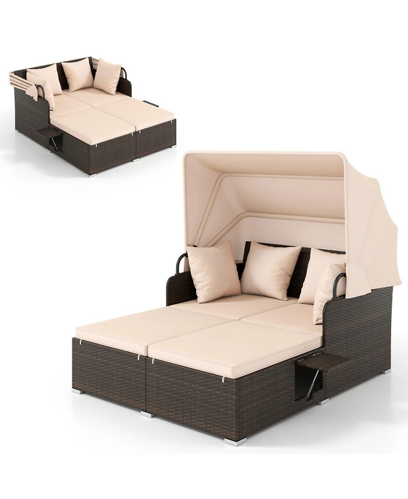Gouun Outdoor Rattan Daybed with Retractable Canopy and Foldable Side Tables