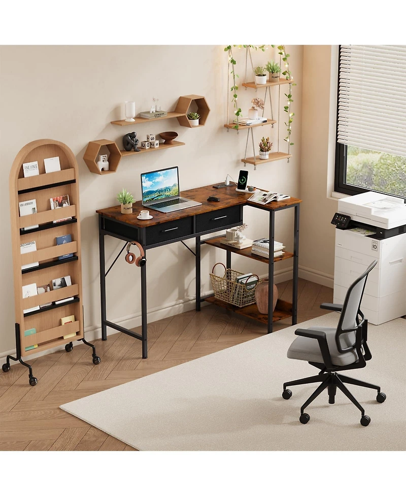 homfan 40 inchL-Shaped Desk with Power Outlet - 3-Tier Shelves and 2 Drawers, Corner Desk with Headphone Hook for Small Spaces