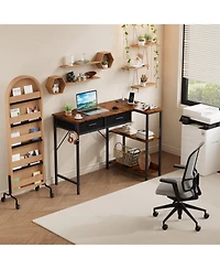 homfan 40 inchL-Shaped Desk with Power Outlet - 3-Tier Shelves and 2 Drawers, Corner Desk with Headphone Hook for Small Spaces