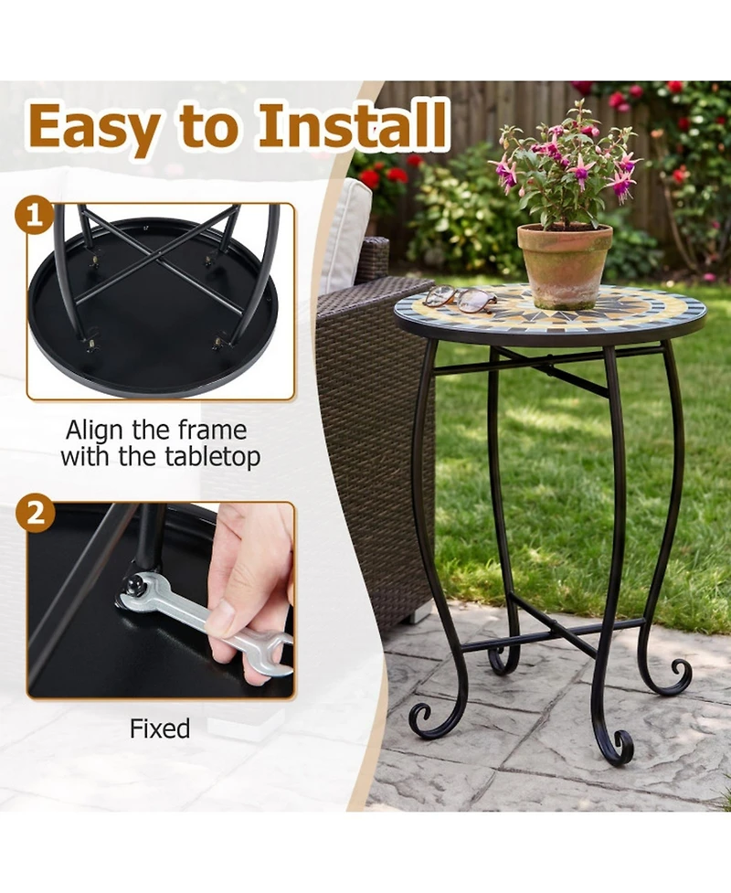 Sugift 14in Floral Mosaic Patio Accent End Table with Metal Frame