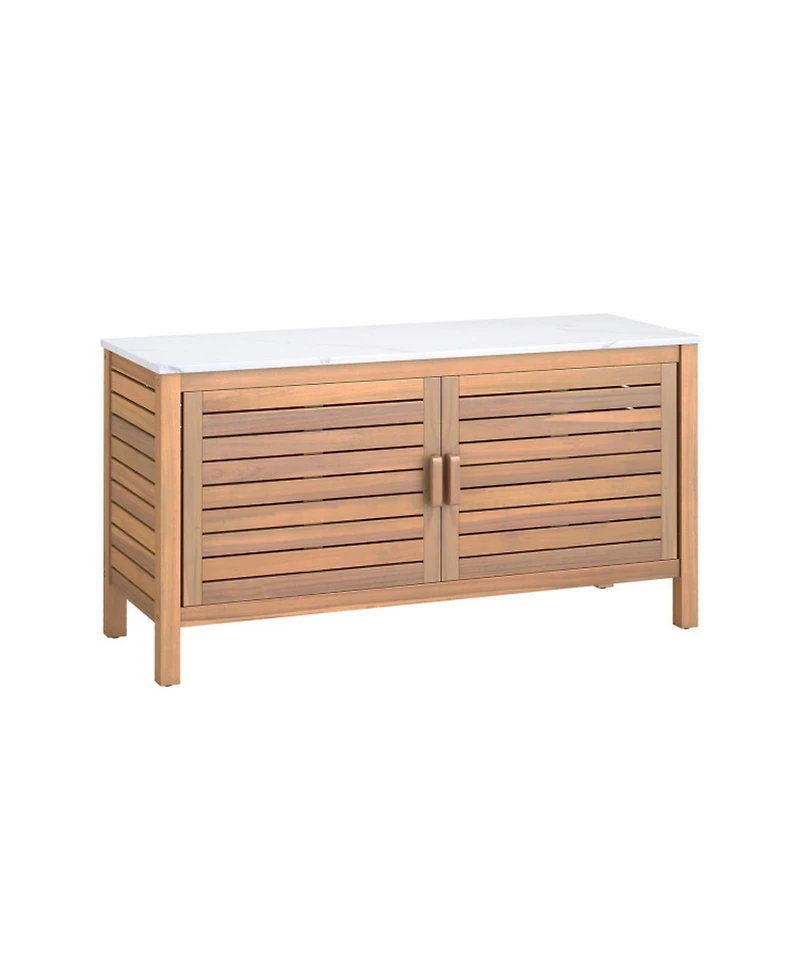 Gouun 2-Door Acacia Wood Patio Storage Cabinet with Faux Marble Top
