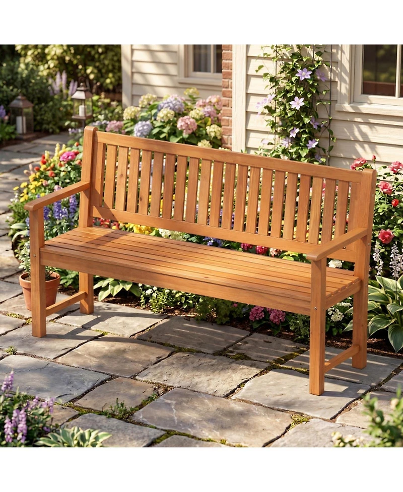 Sugift 3-Seater Outdoor Wooden Bench 59 Inch Large Garden Bench with Backrest