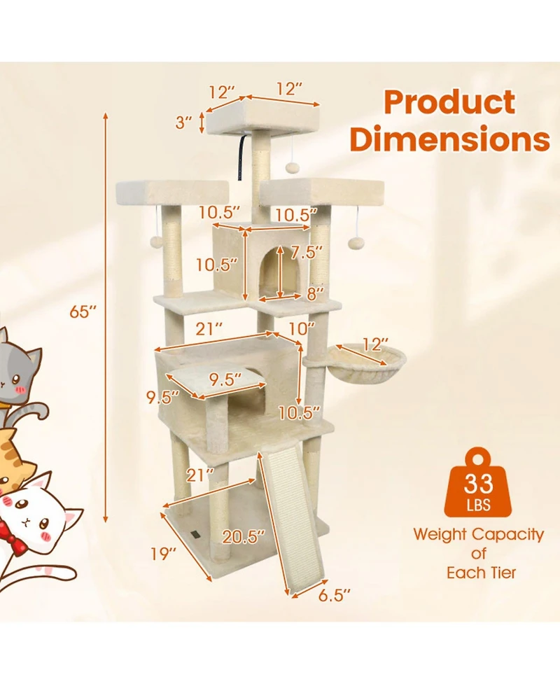 Sugift 65 in Tall Multi-Level Cat Tree with 3 Upholstered Perches and 2 Cat Condos