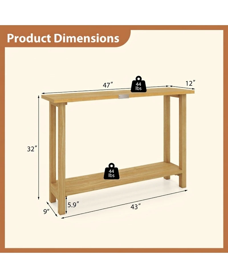 Sugift 47 in Solid Teak Wood Console Table with Storage Shelf