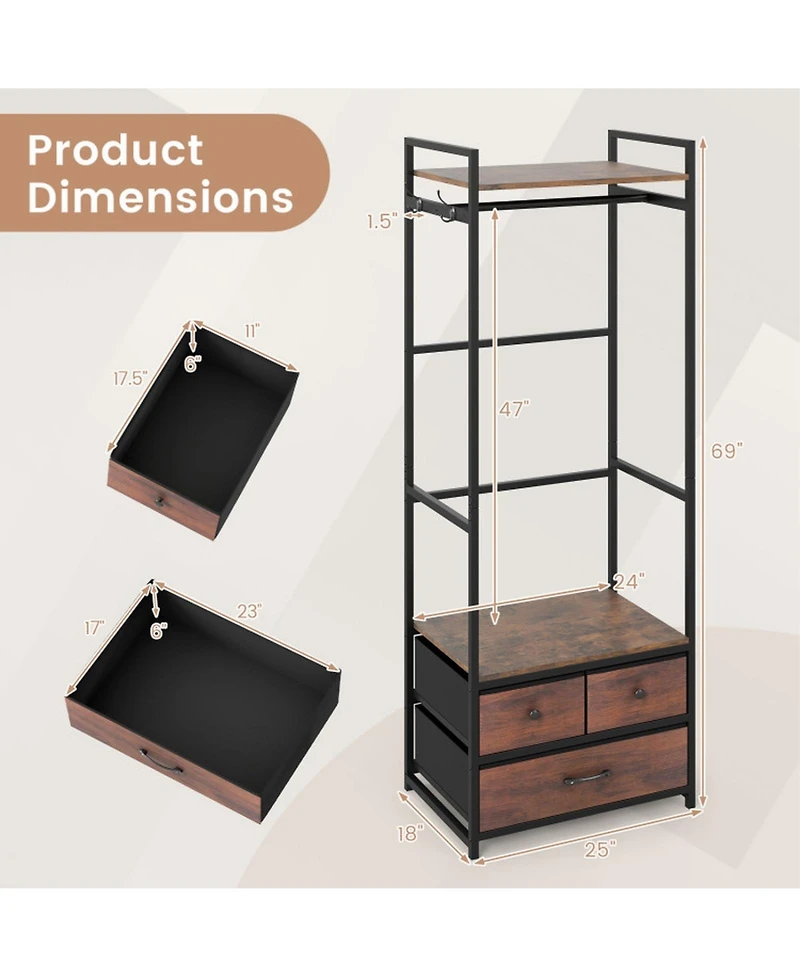 Sugift Clothes Rack with 3 Fabric Drawers Shelves Side Hooks and Metal Frame
