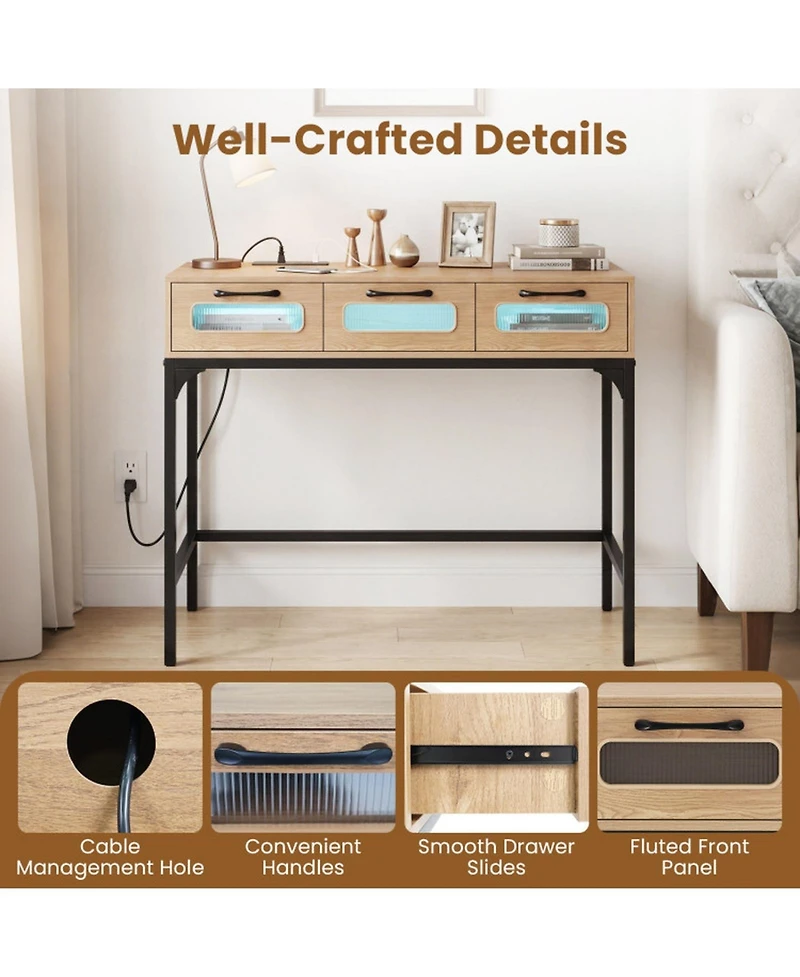 Sugift Console Table with Led Lighting Charging Station and 3 Drawers for Living Room Hallway