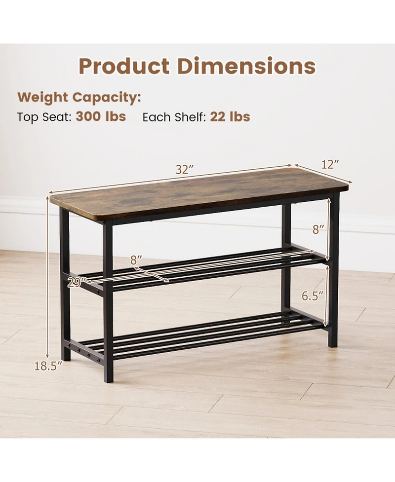 Sugift 3-Tier Shoe Rack Bench with Metal Slat Shelves and Long Wooden Seat