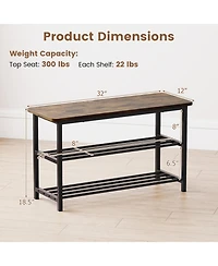 Sugift 3-Tier Shoe Rack Bench with Metal Slat Shelves and Long Wooden Seat
