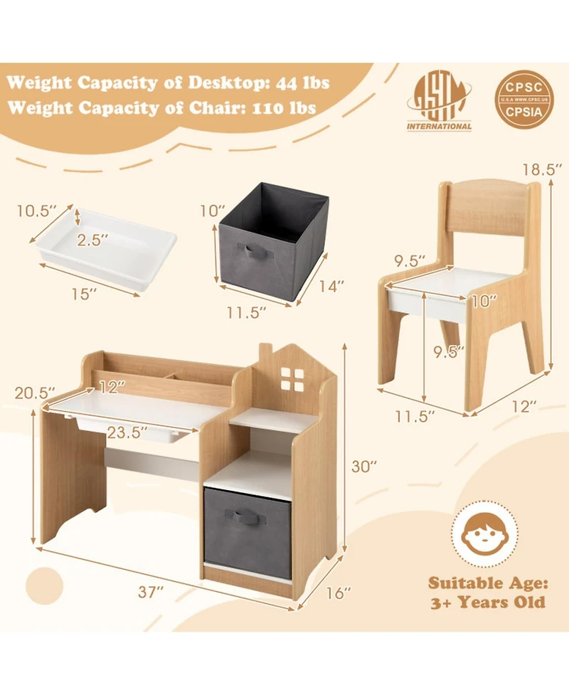Sugift Kids Study Desk and Chair Set with 2 Open Shelves Drawer and Fabric Storage Bin