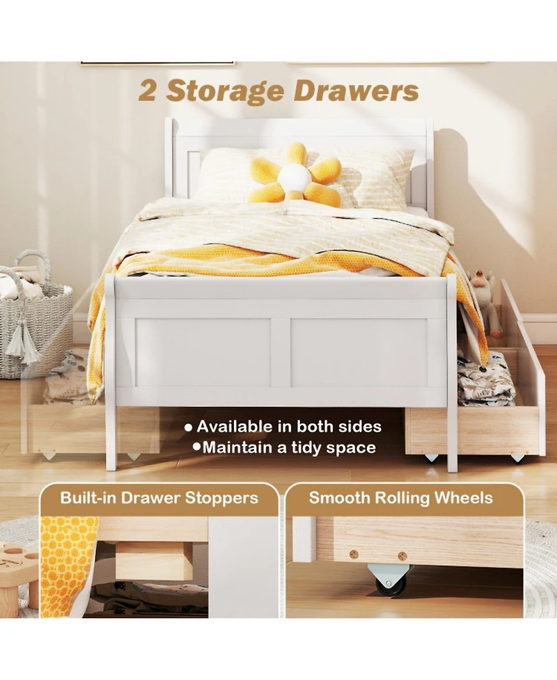 Sugift Twin Size Sleigh Wood Platform Bed with 2 Rolling Storage Drawers