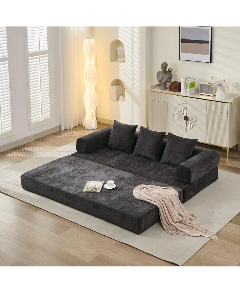 Clihome Convertible Folding Mattress Couch, Chenille Floor Sofa with Armrest, Floor Sofa Lounge Couch