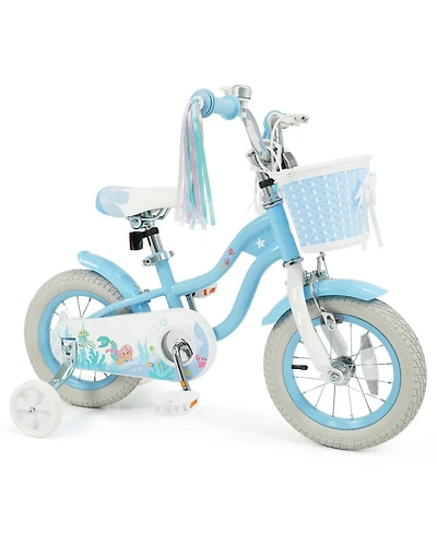 Slickblue Sea Princess 12" Adjustable Kids' Bicycle with Basket, 110 lbs Capacity, Ages 3-4