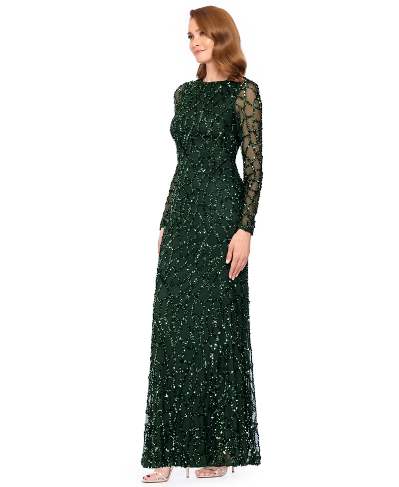 Betsy & Adam Women's Long-Sleeve Sequin Gown