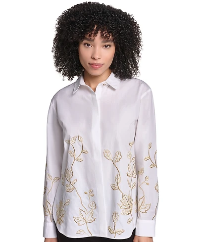 Karl Lagerfeld Paris Petite Floral Long-Sleeve Button-Down Blouse