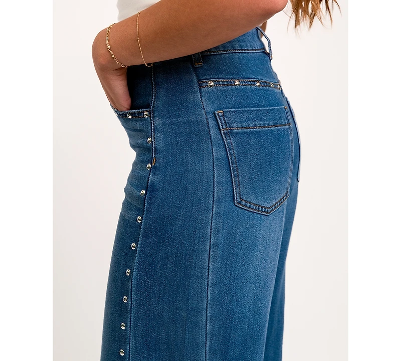 Indigo Rein Juniors' High-Waisted Wide-Leg Studded Jeans, 28-1/2" Inseam