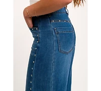 Indigo Rein Juniors' High-Waisted Wide-Leg Studded Jeans, 28-1/2" Inseam