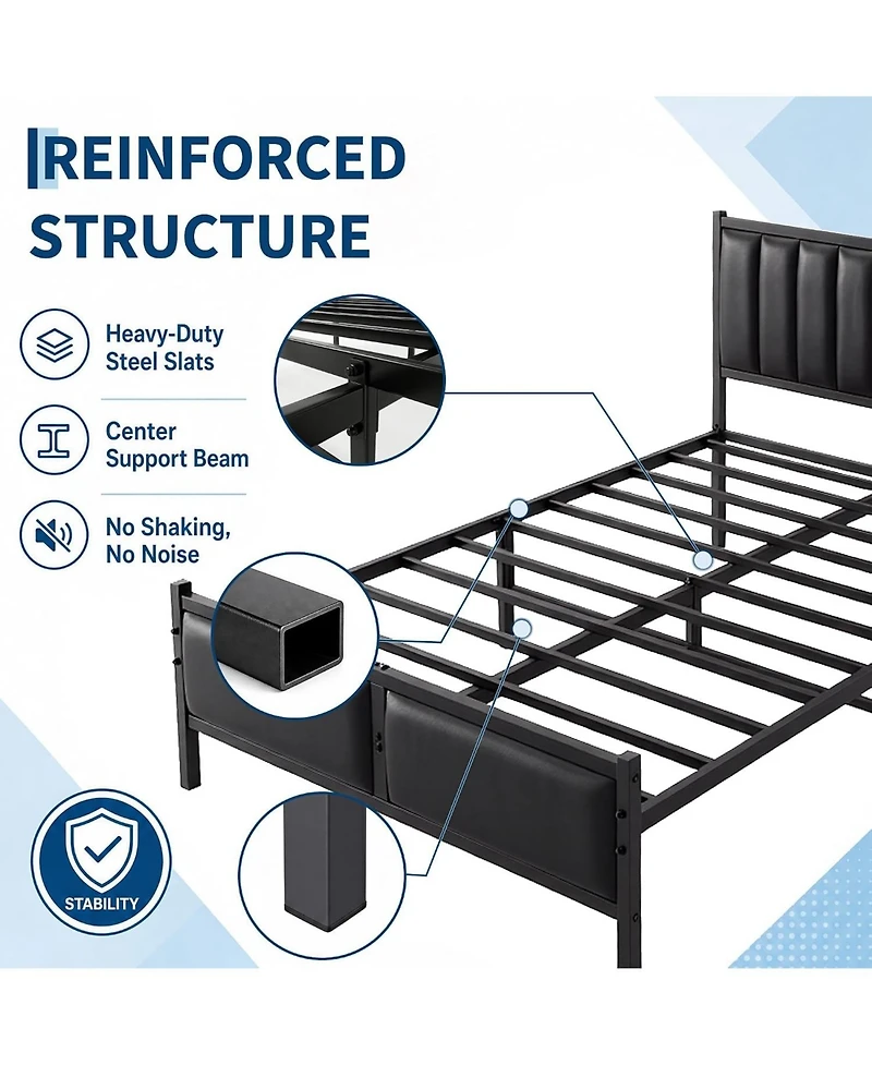 homfan Full Size Upholstered Platform Bed Frame with Pu Leather Headboard, No Box Spring