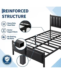 homfan Full Size Upholstered Platform Bed Frame with Pu Leather Headboard, No Box Spring