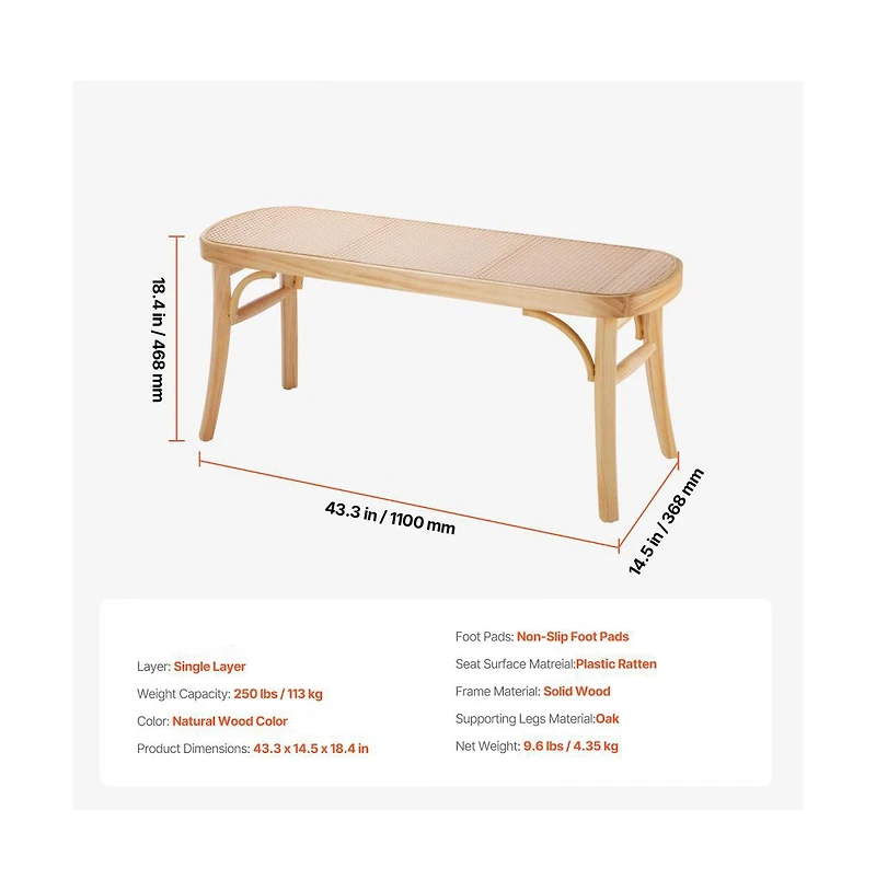 Slickblue Wooden Entryway Bench with Handwoven Rattan Seat and Oak Wood Legs for Bedroom Kitchen