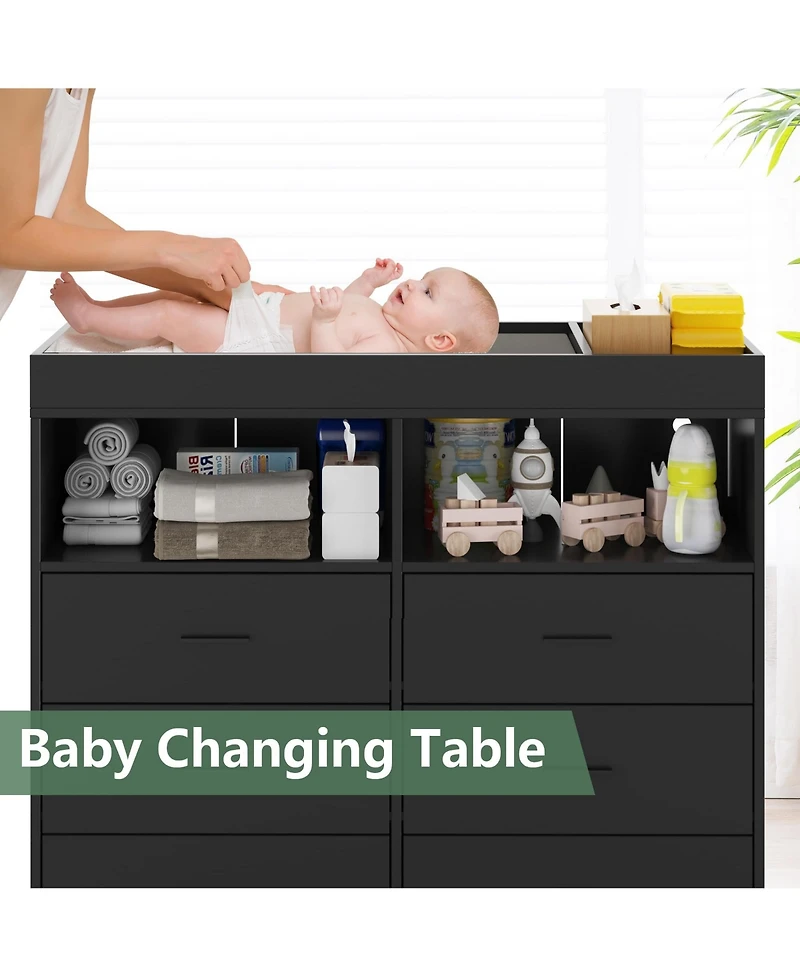 homfan 6-Drawer Changing Table Dresser with Led Lights and Charging Station, 2 Open Shelves, Convertible Baby Diaper Station
