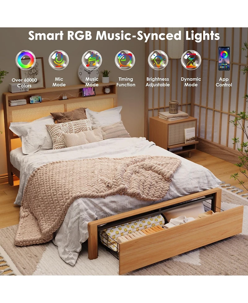 homfan Wooden Rattan Bed Frame Bohemian with Storage and Led Lights | Cane Headboard Charging Station, Slats, Noise-free