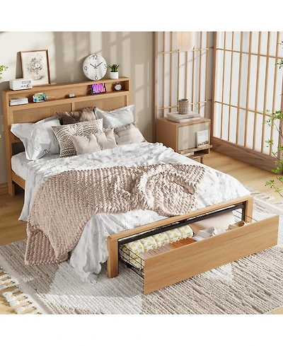 homfan Wooden Rattan Bed Frame Bohemian with Storage and Led Lights | Cane Headboard Charging Station, Slats, Noise-free