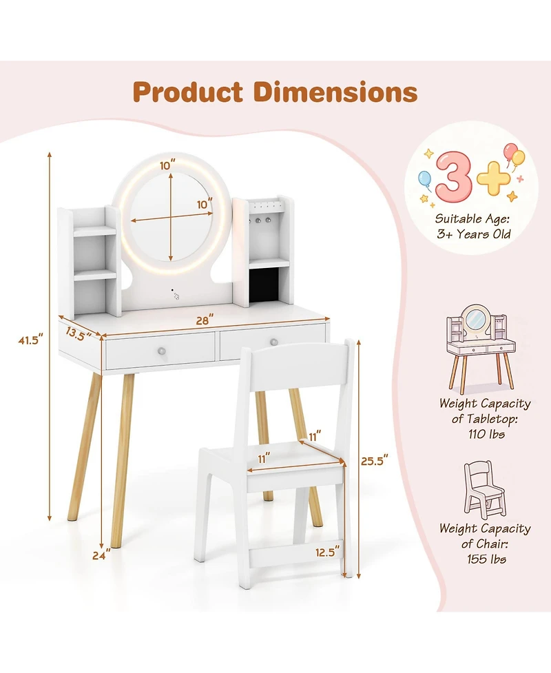 Costway Kids Vanity Set Princess Vanity Desk Set with 2-Color Led Lighted Acrylic Mirror
