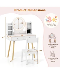 Costway Kids Vanity Set Princess Vanity Desk Set with 2-Color Led Lighted Acrylic Mirror