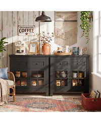 Aheaplus Farmhouse Kitchen Cabinet with Drawers and Tempered Glass Display Door