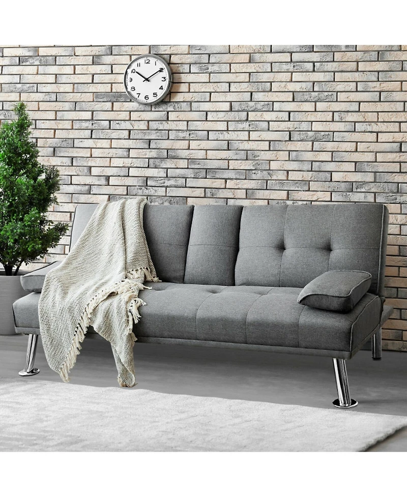 Gouun Convertible 66 Inch Futon Sofa Bed Linen Fabric with 2 Cup Holders