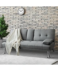 Gouun Convertible 66 Inch Futon Sofa Bed Linen Fabric with 2 Cup Holders