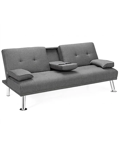 Gouun Convertible 66 Inch Futon Sofa Bed Linen Fabric with 2 Cup Holders