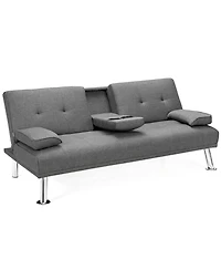 Gouun Convertible 66 Inch Futon Sofa Bed Linen Fabric with 2 Cup Holders