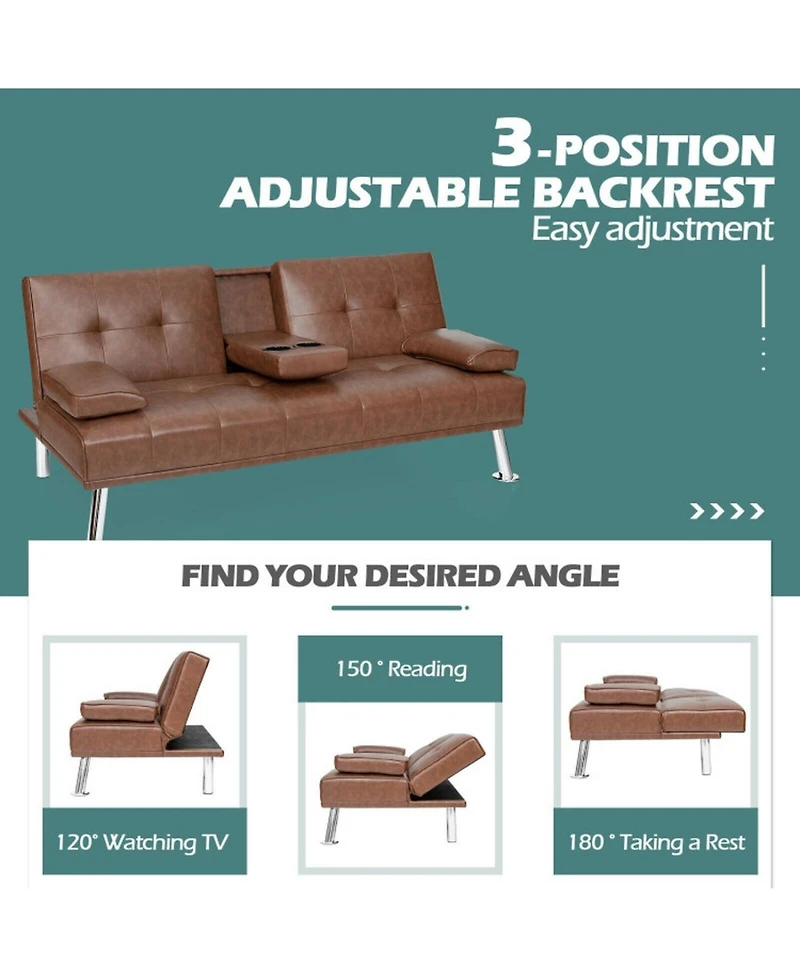 Gouun Convertible 66 Inch Faux Leather Futon Sofa with Cup Holders and Armrests