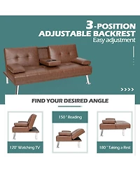 Gouun Convertible 66 Inch Faux Leather Futon Sofa with Cup Holders and Armrests