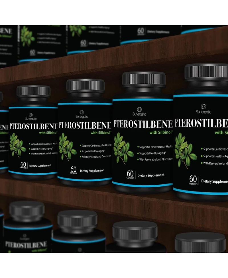 Sunergetic Pterostilbene Supplement with Resveratrol and Quercetin, 60 Capsules