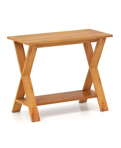 Sugift 35.5in Solid Teak Wood Console Table with Storage Shelf