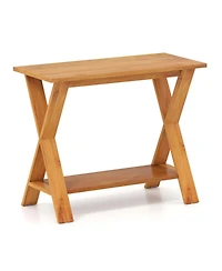 Sugift 35.5in Solid Teak Wood Console Table with Storage Shelf