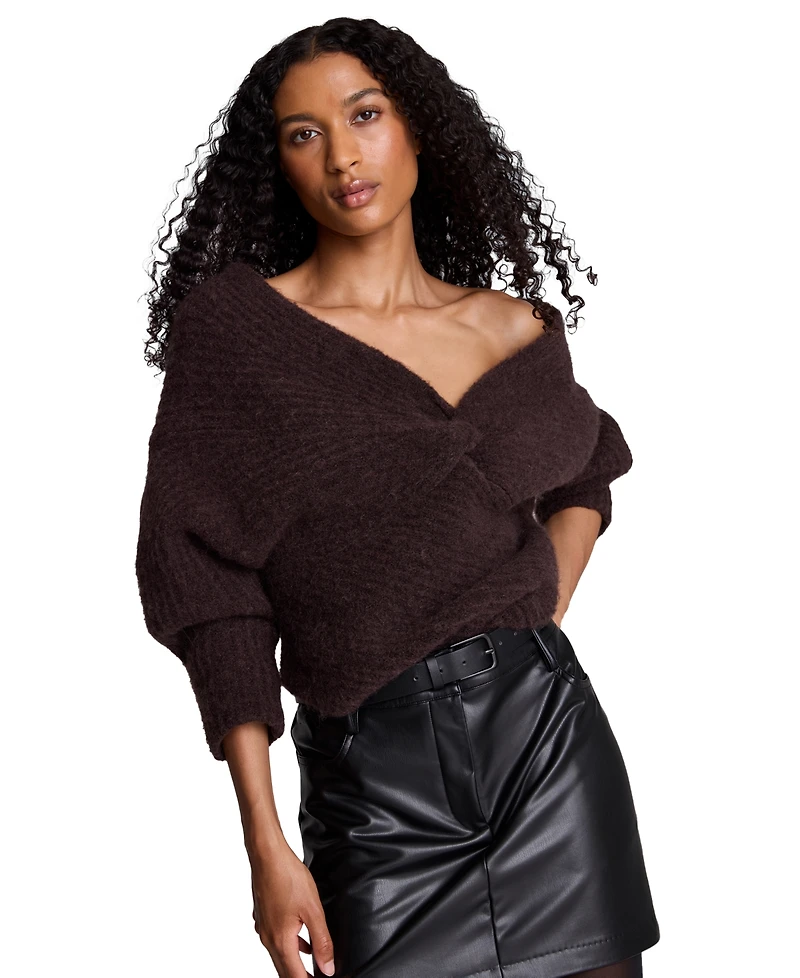 Kenneth Cole Women's Asymmetric Twist Neck Off-the-Shoulder Sweater