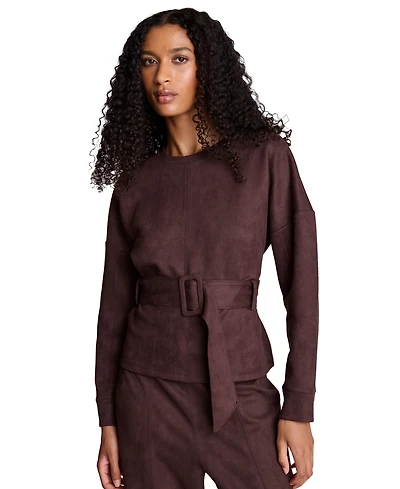 Kenneth Cole Women's Faux-Suede Long-Sleeve Crewneck Blouse