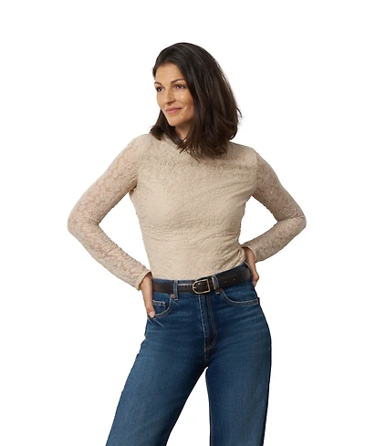 Cable & Gauge Women's Lace Knit Funnel Neck Shirred Top