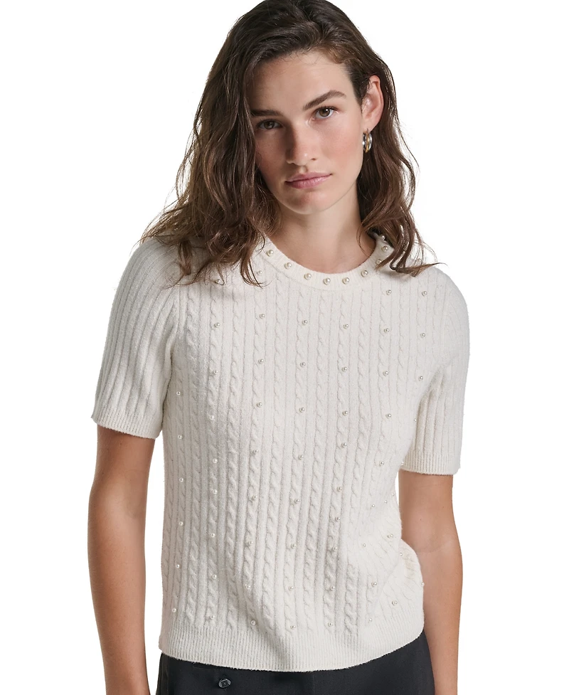 Karl Lagerfeld Paris Petite Cable-Knit Short-Sleeve Embellished Sweater