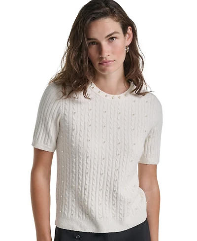 Karl Lagerfeld Paris Petite Cable-Knit Short-Sleeve Embellished Sweater