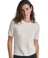 Karl Lagerfeld Paris Petite Cable-Knit Short-Sleeve Embellished Sweater
