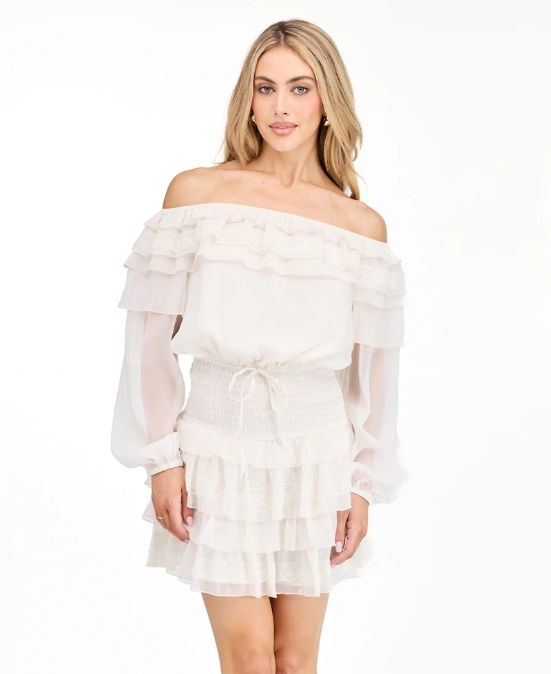 Kittenish Women's Imogen Yoryu Off-the-Shoulder Long-Sleeve Lace Mini Dress